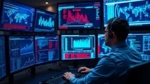 Professional cybersecurity analyst monitoring multiple screens with data visualizations and threat detection dashboards, blue and red network nodes, focused expression in modern security operations center