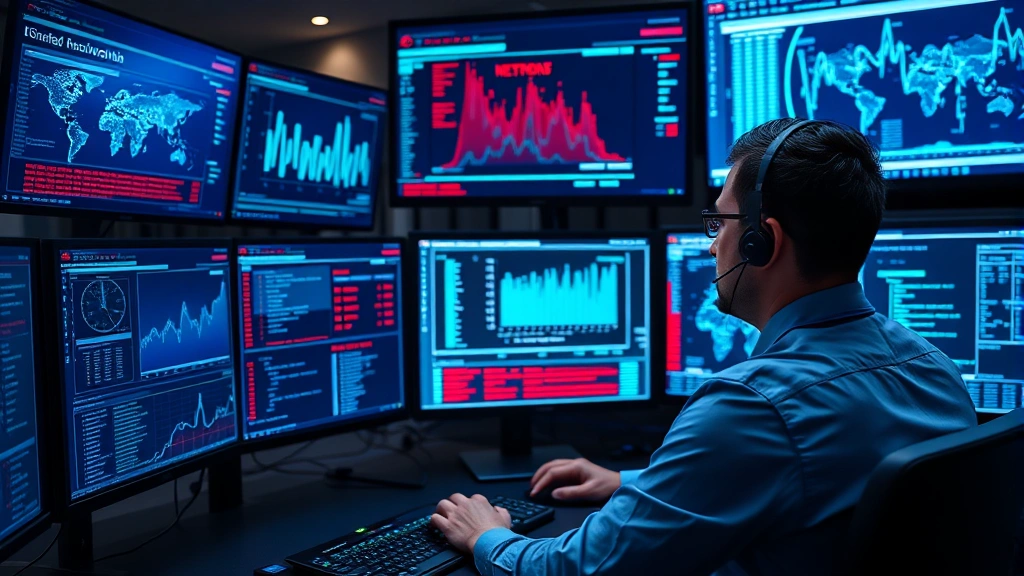 Professional cybersecurity analyst monitoring multiple screens with data visualizations and threat detection dashboards, blue and red network nodes, focused expression in modern security operations center