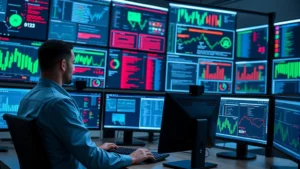Professional cybersecurity analyst working at a modern SOC facility with multiple monitor displays showing security dashboards, threat detection systems, and network traffic visualization in real-time monitoring environment