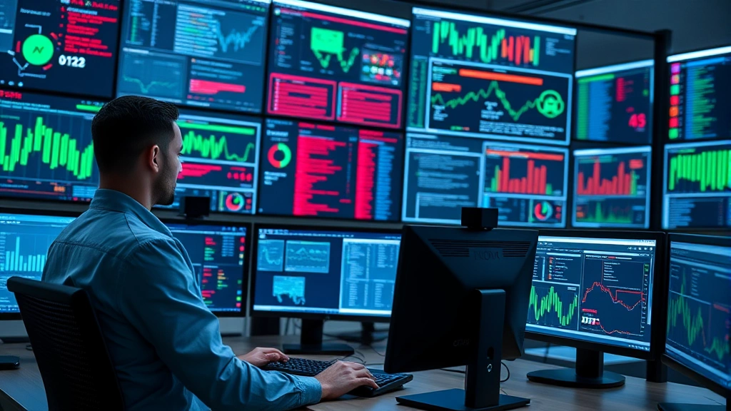 Professional cybersecurity analyst working at a modern SOC facility with multiple monitor displays showing security dashboards, threat detection systems, and network traffic visualization in real-time monitoring environment