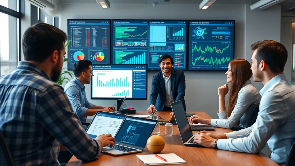 Diverse team of security professionals in a collaborative office setting reviewing threat intelligence reports, incident response documentation, and security metrics on digital displays during strategy meeting