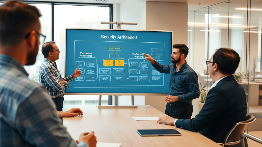 Senior security architect presenting security architecture diagram on a digital board to team members in a modern corporate office, discussing network security framework and defensive strategies