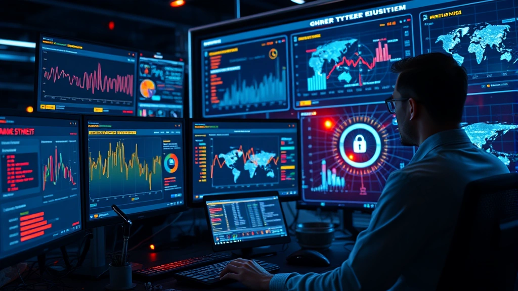 Cybersecurity analyst monitoring multiple digital threat dashboards with glowing network visualization displaying real-time security alerts and data flows across interconnected systems