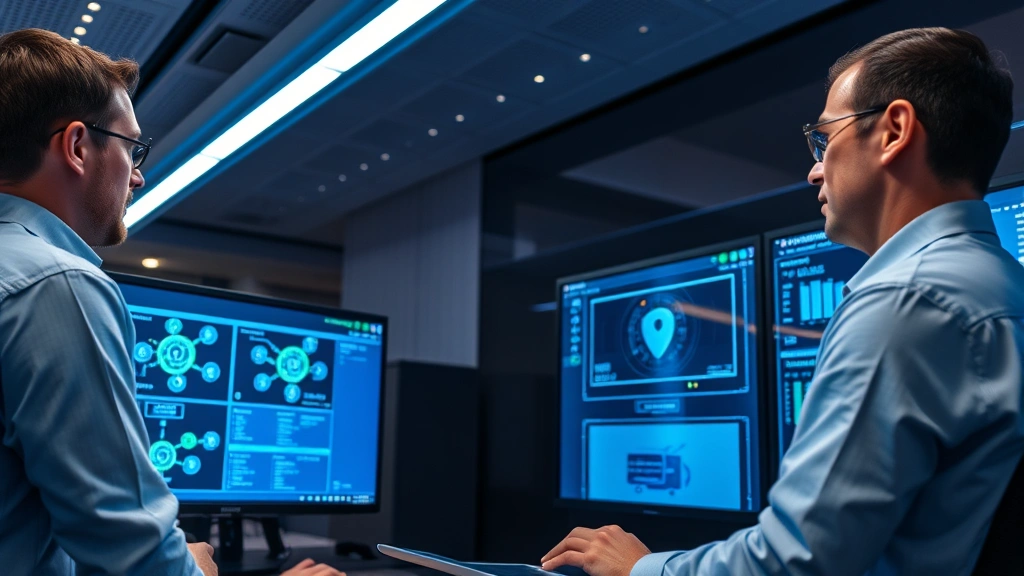 Professional IT security team in modern operations center reviewing encrypted data protection protocols and network segmentation diagrams on large displays with ambient blue lighting