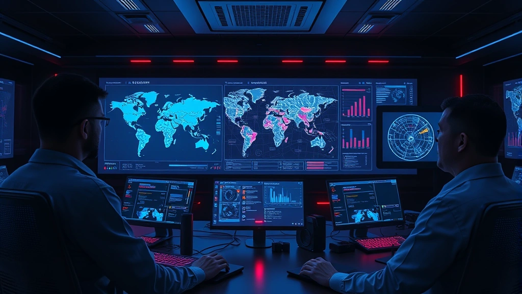 Professional cybersecurity operations center with multiple security analysts monitoring holographic threat dashboards displaying network topology and attack vectors in real-time, dark modern aesthetic with blue and red accent lighting, photorealistic