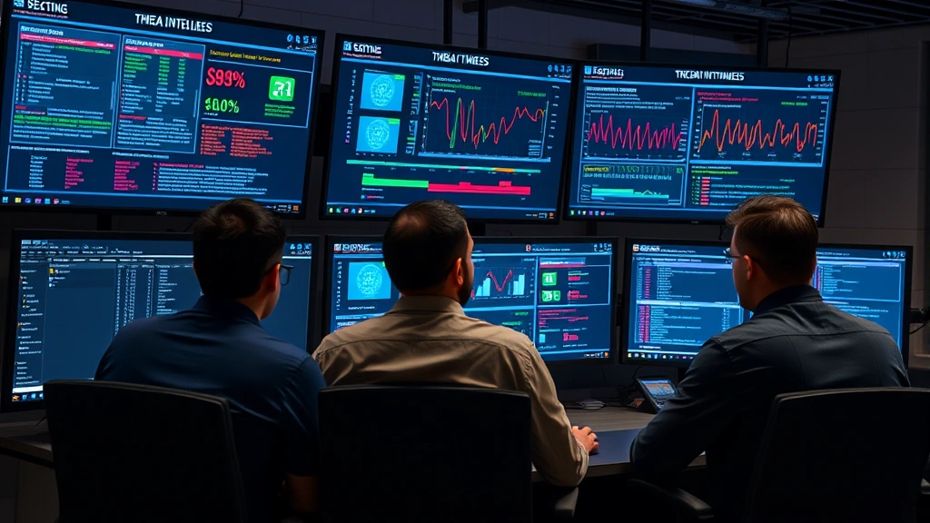 Security team performing incident response with multiple monitors displaying threat intelligence feeds, attack timelines, and automated containment actions executing across network infrastructure, collaborative professional setting with cybersecurity focus