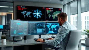 Professional cybersecurity analyst working at modern SOC workstation with multiple monitors displaying security dashboards, network maps, and threat intelligence data in a sleek office environment