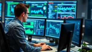 Cybersecurity professional monitoring multiple computer screens displaying security dashboards and network traffic analysis in a modern SOC environment with blue and green data visualizations