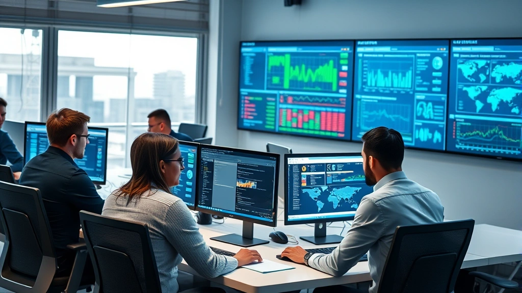 Diverse team of cybersecurity professionals collaborating at workstations with multiple monitors showing threat intelligence reports and security metrics in a professional office setting