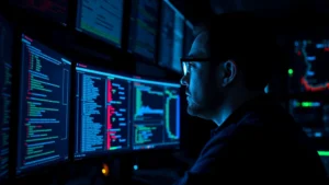 Digital security analyst monitoring network traffic on multiple monitors in dark data center, blue and green light reflections on face, cybersecurity defense operations