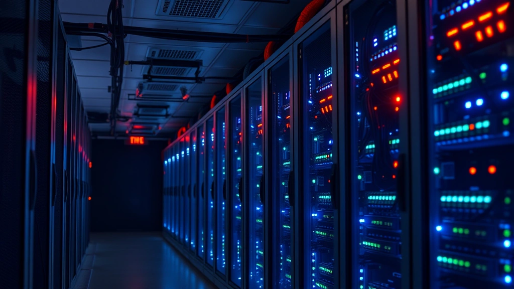 Enterprise server room with rows of illuminated server racks, network cables, and warning indicator lights, secure facility infrastructure