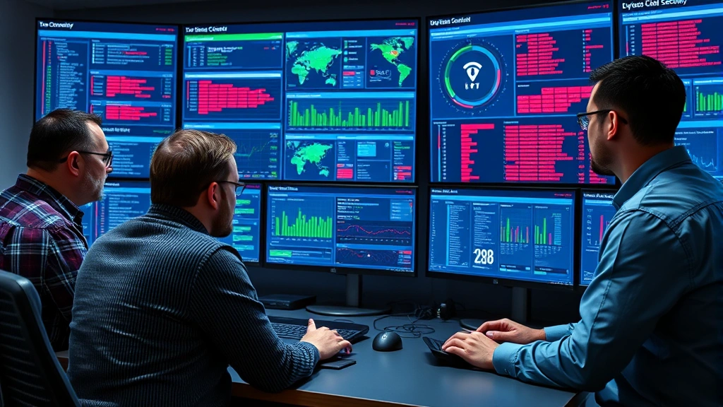 Cybersecurity team in operations center reviewing threat dashboards and incident alerts on large display screens, collaborative security monitoring environment