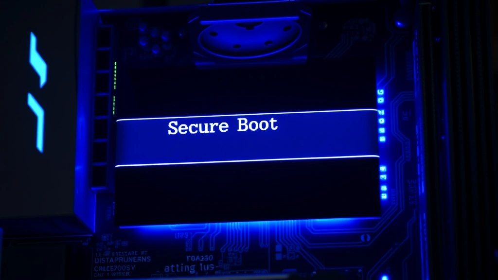 Photorealistic close-up of motherboard BIOS settings screen showing Secure Boot enabled option with blue illuminated chipset, professional data center lighting, no text overlays