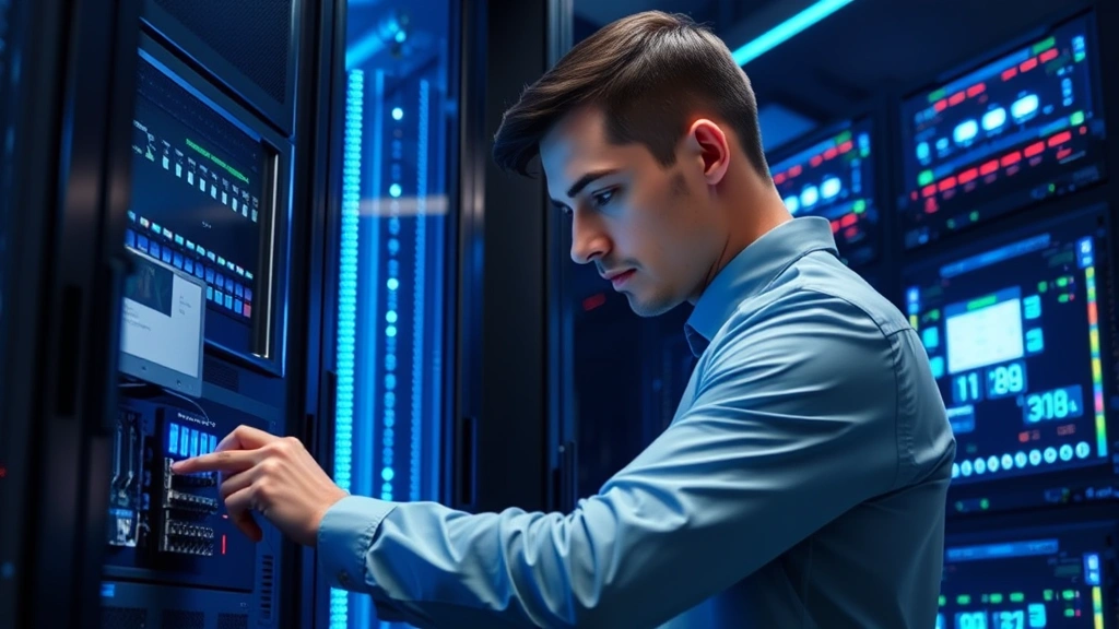 Photorealistic image of cybersecurity professional examining server firmware security in modern data center with blue ambient lighting, examining hardware components, professional attire