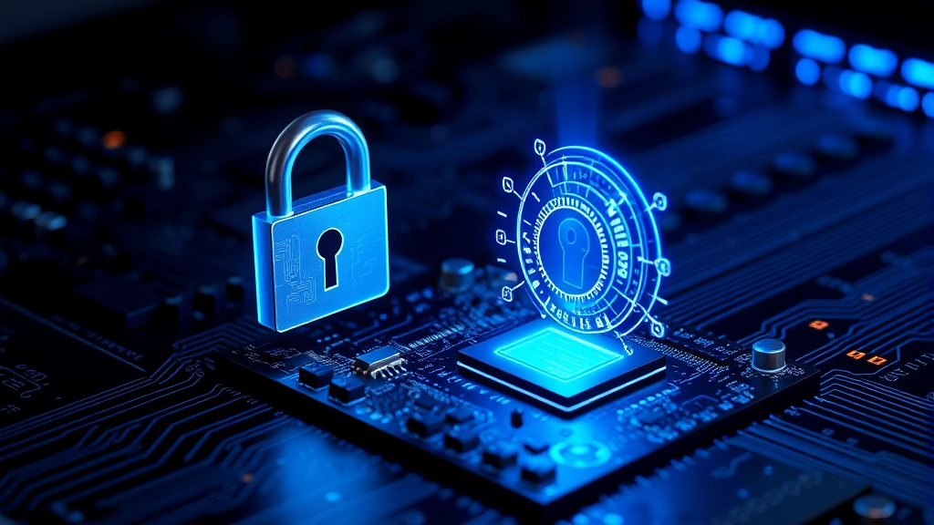 Photorealistic illustration of digital security lock and shield protecting computer motherboard, glowing cryptographic patterns around components, dark professional background with blue accent lighting