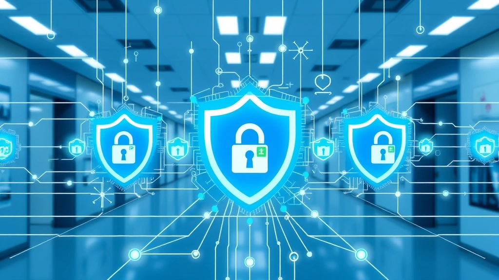 Hospital network security infrastructure with digital shields and lock icons protecting patient data systems, modern medical facility background, blue and silver color scheme, cybersecurity visualization