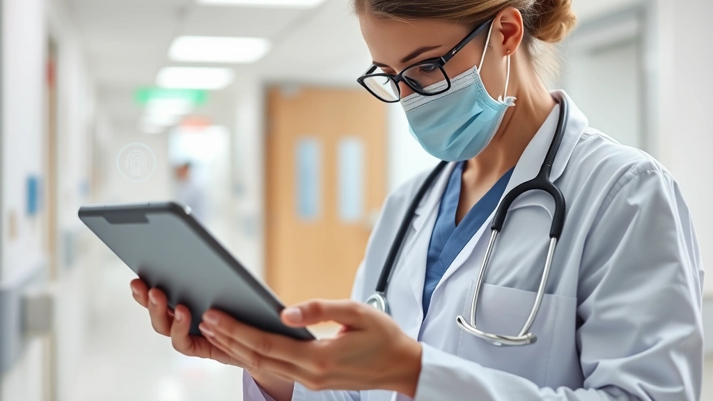 Healthcare professional reviewing patient records on secure encrypted tablet with biometric authentication, hospital environment, emphasis on data protection and HIPAA compliance measures