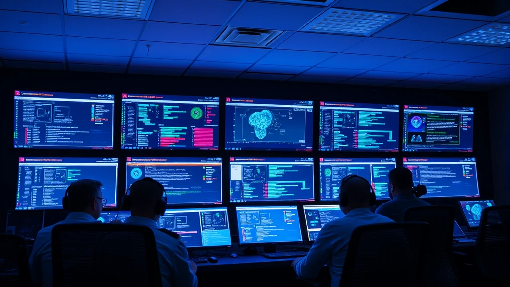 Cybersecurity operations center monitoring healthcare network threats in real-time, multiple screens showing security alerts and threat detection systems, professional IT security team environment