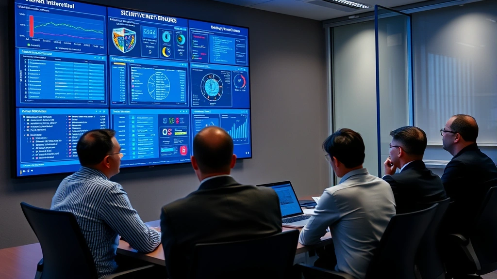 Team of security professionals in a conference room reviewing security policies and threat intelligence reports on a large display screen, collaborative discussion about security strategy