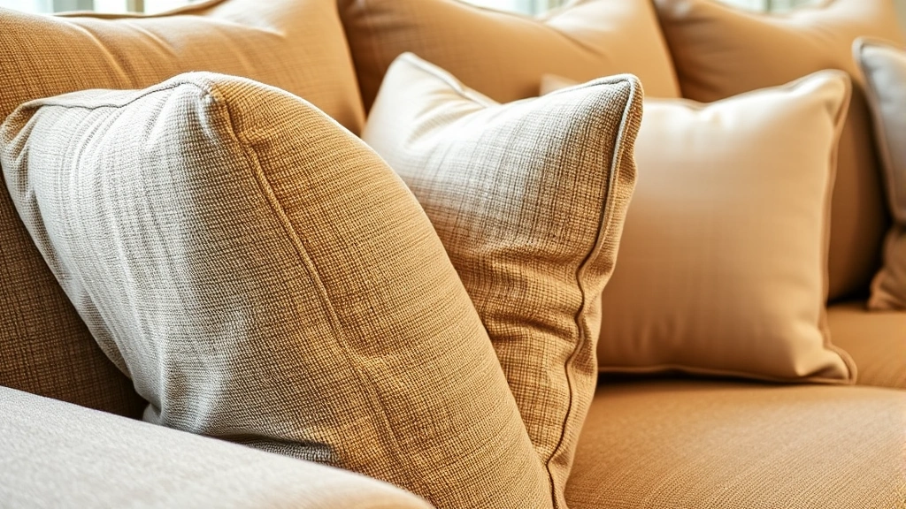Close-up of luxury sectional sofa with cushions and fabric texture, professional furniture photography, warm neutral lighting, no people visible