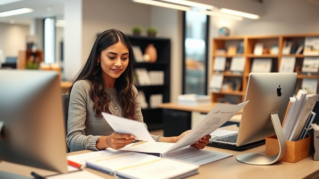 Customer service representative reviewing paperwork at desk with furniture catalog visible, professional office setting, warm lighting, focused on documentation