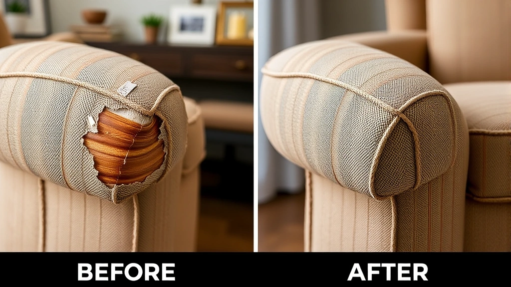 Before and after comparison showing furniture damage repair, professional product photography, detailed view of damaged and restored upholstery section