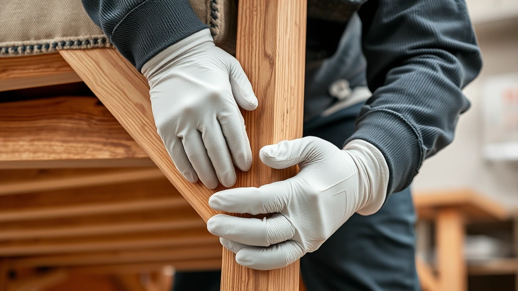 Close-up of furniture frame inspection by professional technician wearing protective gloves, examining wooden frame joints and upholstery structure, professional warranty service environment, detailed craftsmanship visible