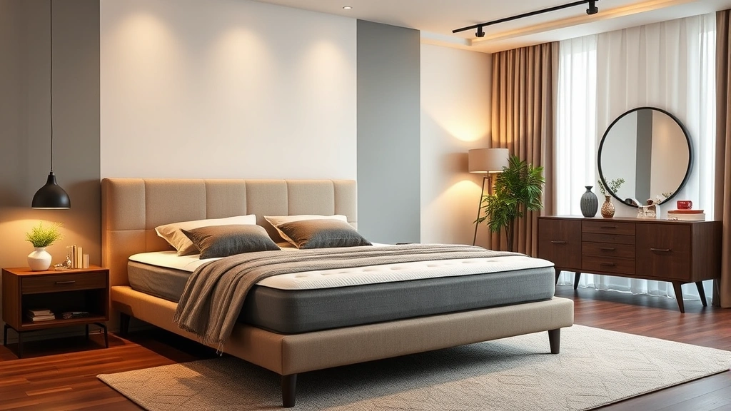 Modern bedroom with premium bed frame and mattress, showing furniture quality and longevity, soft warm lighting, neat organized space, emphasizing furniture investment protection and home comfort