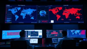 Network security operations center with multiple monitors displaying threat intelligence dashboards and global attack maps in blue and red, cybersecurity analysts monitoring real-time alerts