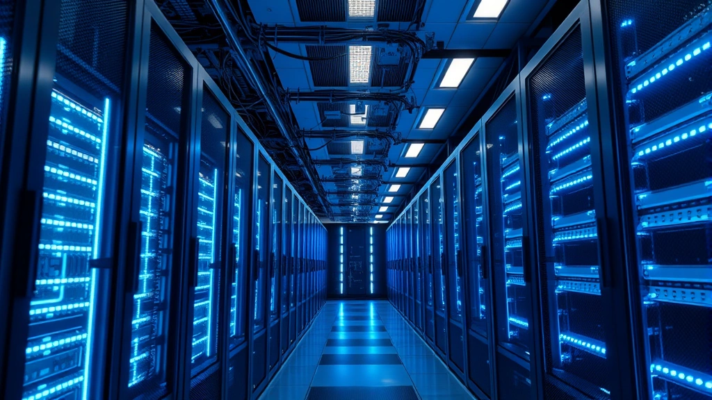 Modern server room with rows of secure equipment and network infrastructure, blue LED lights, professional data center environment showing critical infrastructure protection
