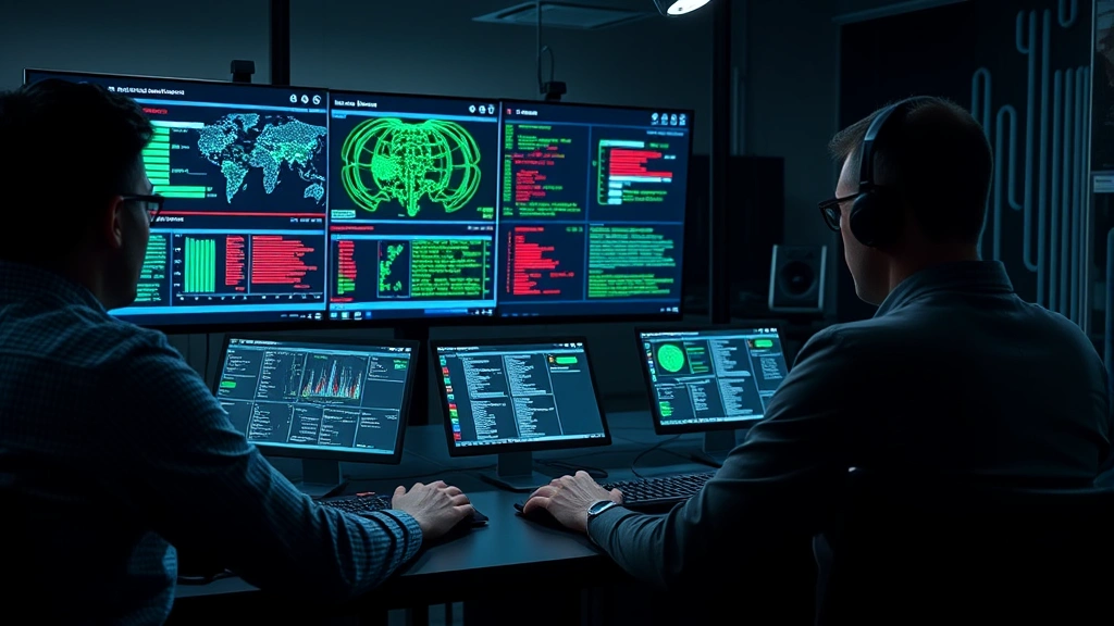 Cybersecurity team conducting incident response meeting with digital threat visualization on screens, analysts reviewing malware analysis and threat indicators in professional setting
