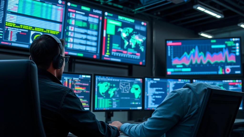 Cybersecurity analyst monitoring network traffic on multiple displays with real-time threat detection dashboards, showing data flowing through interconnected nodes and security indicators in a modern command center environment