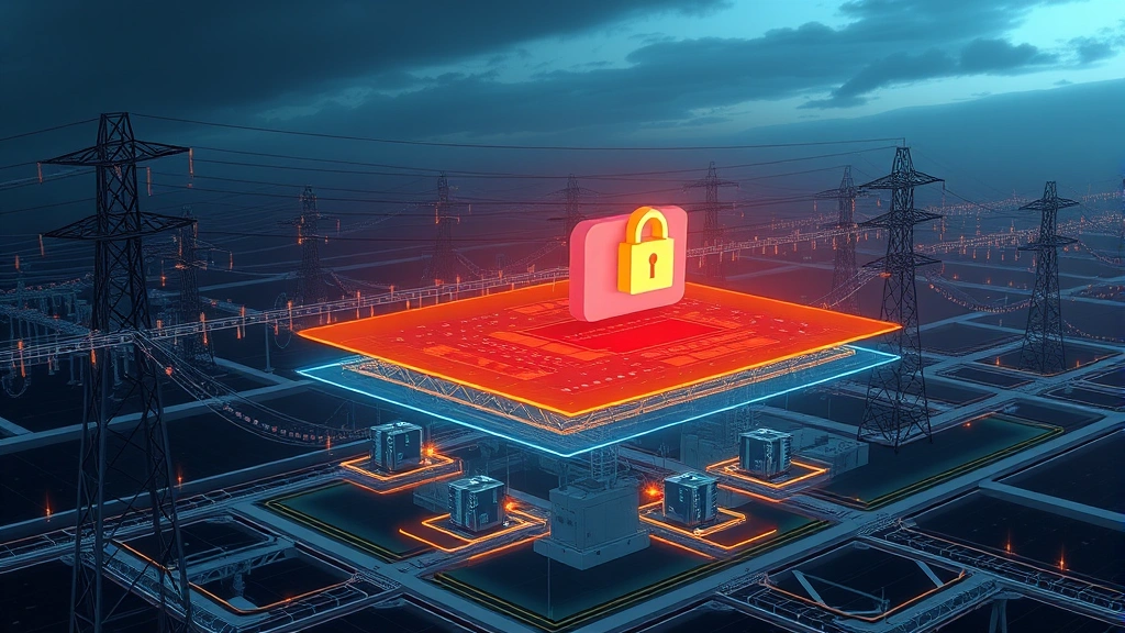 Critical infrastructure protection visualization: power grid infrastructure protected by digital security layers, showing segmentation, access controls, and monitoring systems protecting essential services