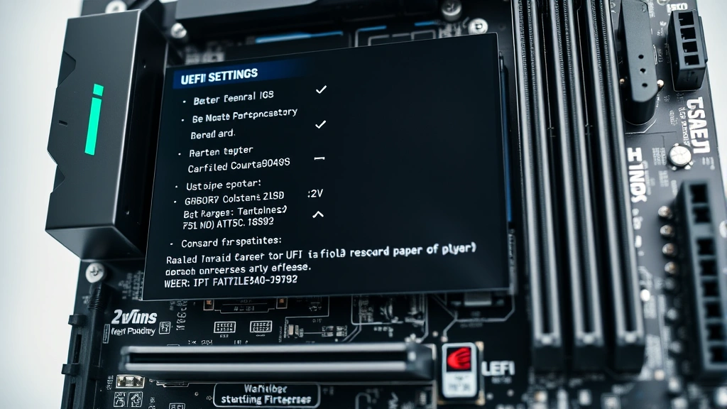 Modern gaming PC motherboard with UEFI firmware display, security settings visible, clean studio photography, professional cybersecurity aesthetic, detailed circuitry