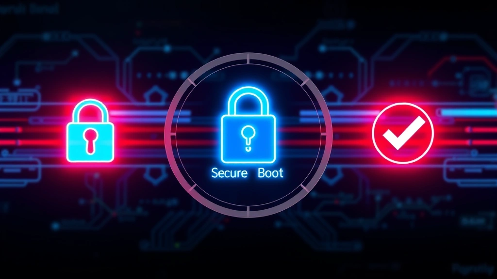 Secure Boot verification process visualization showing digital lock and checkmark symbols, firmware security concept art, professional tech imagery, no code or terminal windows
