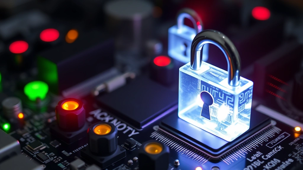 Close-up of a motherboard with illuminated security indicator lights and cryptographic lock symbols floating above the PCB, representing firmware security verification and digital signature validation processes.