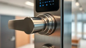 Close-up of a sophisticated electronic door lock mechanism with LED indicator lights, mounted on a modern steel door frame, showing the lock's internal components and security features in a professional office setting