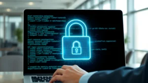 Photorealistic image of a person securely using a laptop with a digital padlock glowing over the screen, modern office setting, cybersecurity concept, no text or code visible, professional lighting