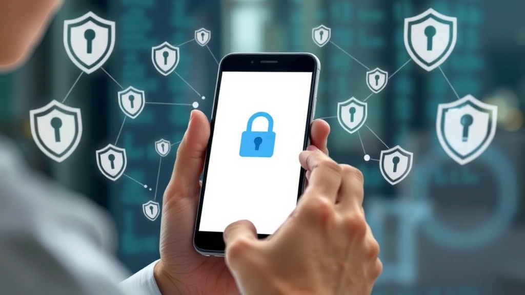 Photorealistic photo of someone using a smartphone with authentication icons and security shields floating around it, clean tech aesthetic, no terminal windows or code, bright modern background
