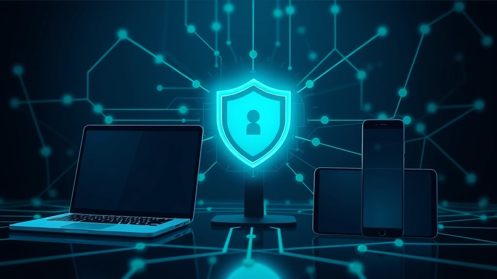 Photorealistic image of a digital shield protecting various entertainment devices (laptop, tablet, phone), interconnected network visualization style, no text or alerts, dark blue and green color palette