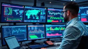 Professional cybersecurity analyst reviewing security dashboard with network traffic visualizations and threat detection metrics on multiple monitors in modern security operations center