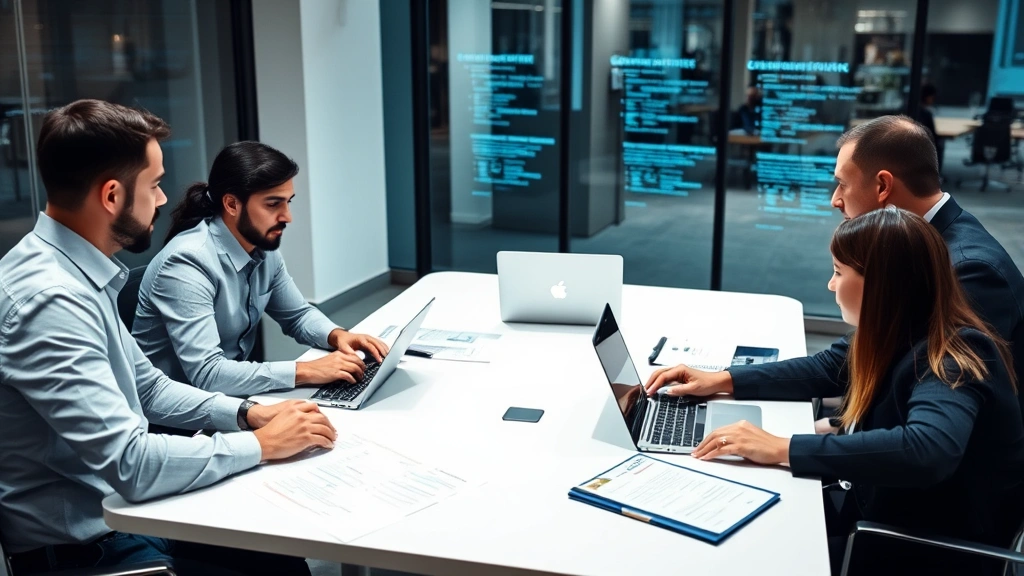 Team of security professionals collaborating around conference table with laptops and security documentation, discussing asset protection strategy in enterprise environment
