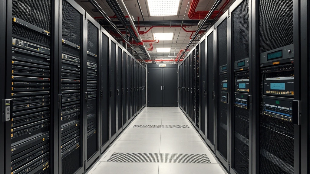 Secure data center with rows of server racks, network equipment, and infrastructure components protected by physical security measures and access controls