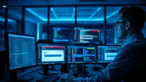 Professional security analyst monitoring multiple computer screens displaying network traffic and security alerts in a modern corporate office environment with dim blue lighting