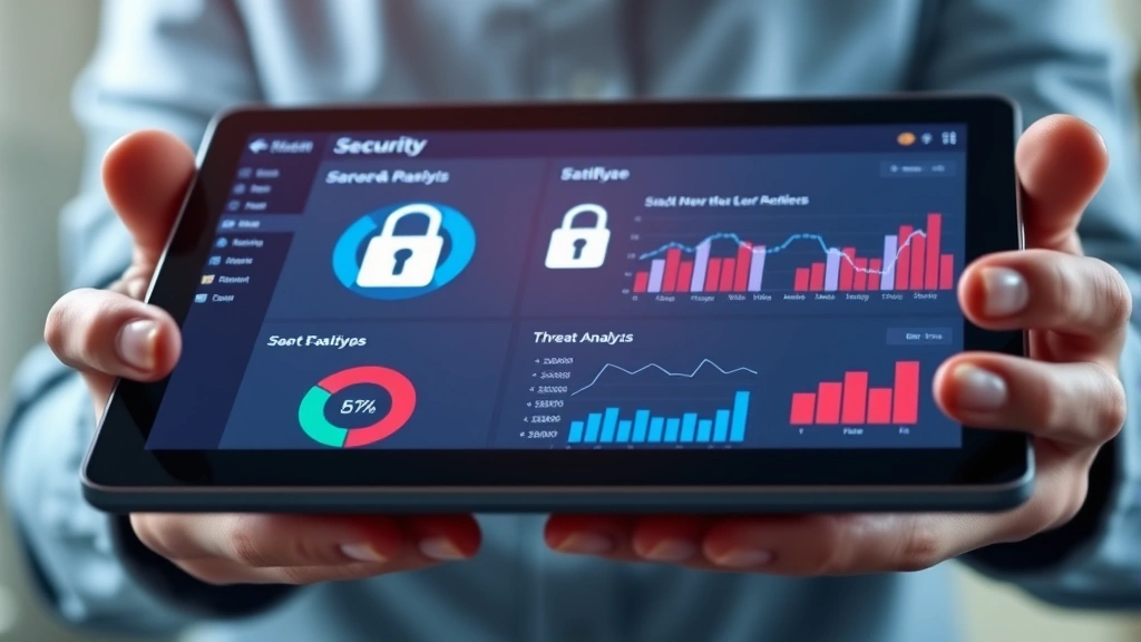 Close-up of hands holding a digital tablet showing security dashboard with lock icons and threat analysis graphs, representing digital asset protection and monitoring
