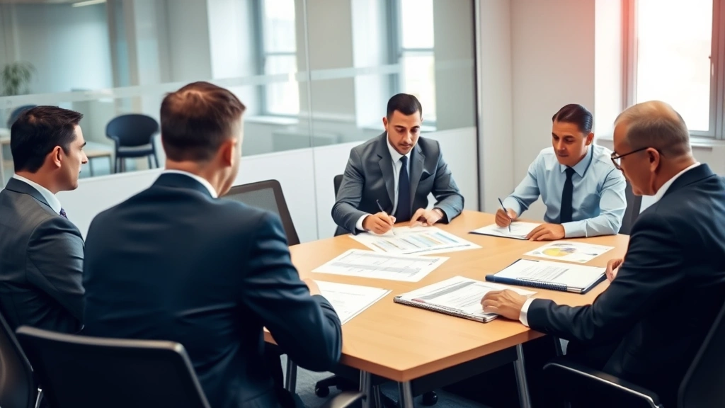 Team of security professionals in business attire conducting a meeting around a conference table with security documentation and risk assessment charts visible