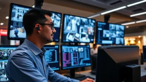 Professional security analyst monitoring multiple high-definition surveillance screens in a retail operations center, displaying store floor feeds and transaction data dashboards, professional attire, focused expression, modern control room environment with ambient lighting