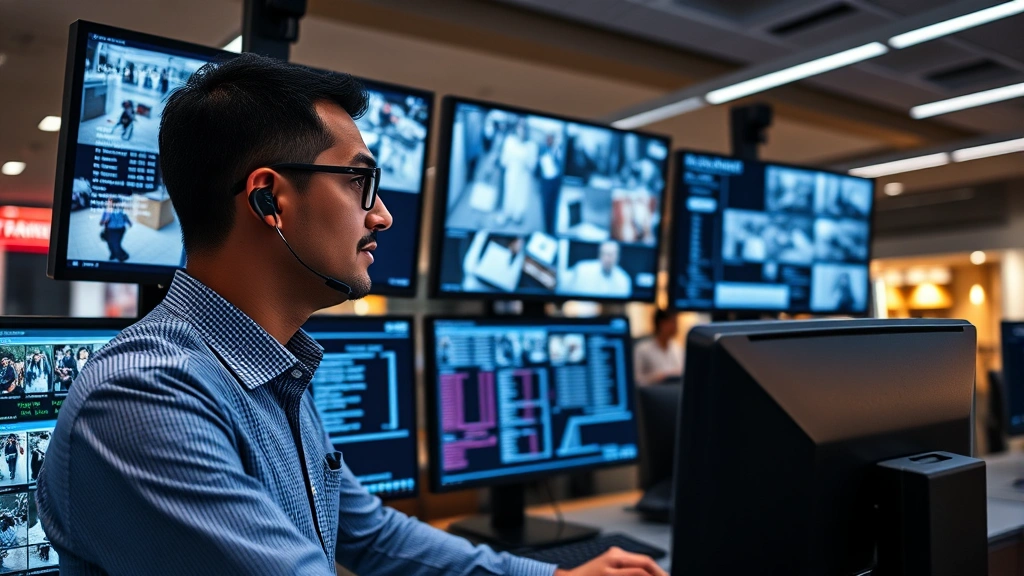 Professional security analyst monitoring multiple high-definition surveillance screens in a retail operations center, displaying store floor feeds and transaction data dashboards, professional attire, focused expression, modern control room environment with ambient lighting