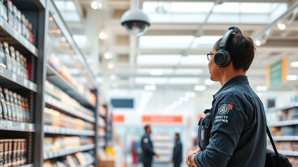 Retail store loss prevention associate observing merchandise display area with electronic security devices, professional uniform, alert posture, modern store interior with camera dome visible overhead, natural store lighting