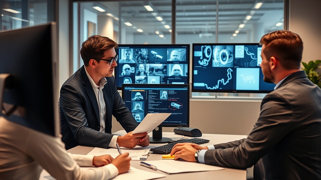 Corporate security team members reviewing investigation documentation and surveillance evidence on computer monitors, professional office setting, collaborative discussion, digital forensics analysis visible on screens, contemporary business environment